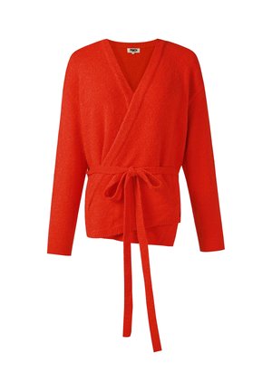 Felrood gebreid wikkelvest met lange mouwen en een gestrikte ceintuur in de taille, voorzien van een V-hals en geribbelde manchetten.