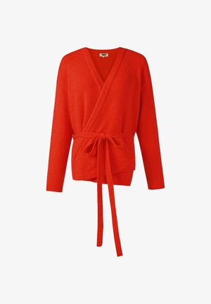 Felrood gebreid wikkelvest met lange mouwen en een gestrikte ceintuur in de taille, voorzien van een V-hals en geribbelde manchetten.
