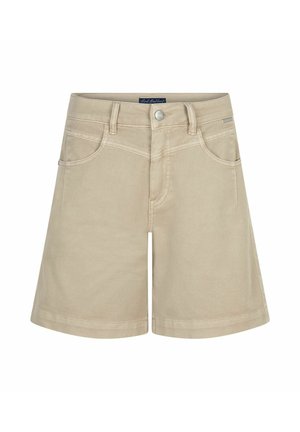 Beige denim shorts met hoge taille, riemlussen, knoopsluiting aan de voorkant, rits en twee voorzakken.