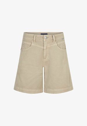 Beige denimshorts med høj talje, bæltestropper, knaplukning foran, lynlås og to forlommer.