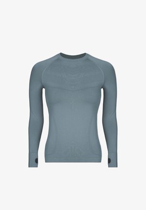 Camicia aderente a maniche lunghe in morbido tessuto blu chiaro testurizzato, con maniche raglan e aperture per il pollice sui polsini.