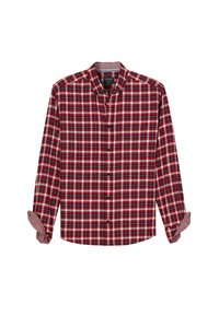Rot-schwarz kariertes Langarmhemd mit Button-Down-Kragen, einer einzelnen Brusttasche und umgeschlagenen Manschetten. Hergestellt aus gewebtem Baumwollstoff.