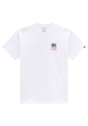T-shirt Vans blanc à manches courtes avec petit motif de palmier et coucher de soleil rose sur la poitrine gauche.