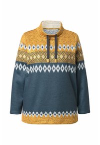 Pullover lavorato a maglia in senape e verde petrolio, con un colletto alto, cordini e sezioni decorate con motivi a rombo e righe.