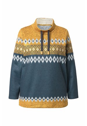 Pull en tricot moutarde et turquoise, avec un col montant, des cordons de serrage et des sections à motifs avec des motifs en diamant et des rayures.