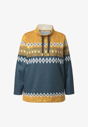 Knit pullover in mustard and teal, featuring a high collar, drawstrings, and patterned sections with diamond motifs and stripes.