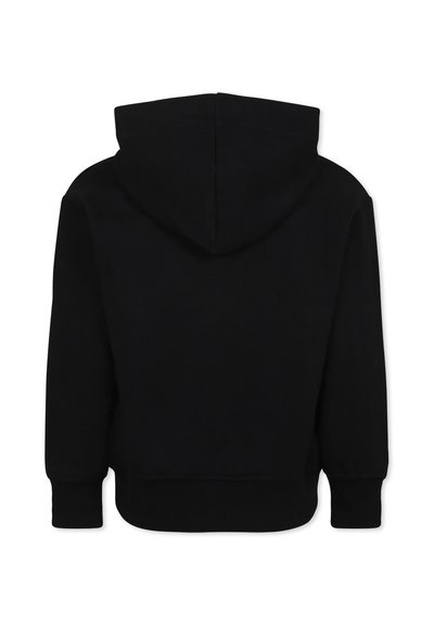 Felpa nera con cappuccio, dal tessuto morbido, design cropped e polsi a costine. Presenta un orlo arrotondato e senza loghi o motivi visibili.