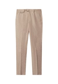 Pantalon beige sur mesure avec plis sur le devant, poches latérales et poche à rabat boutonnée à la taille droite, devant plat, coupe slim.
