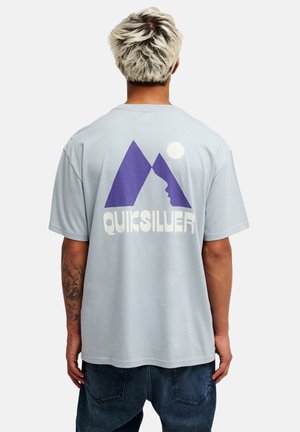 Man met gebleekt haar, die een lichtgrijs Quiksilver t-shirt draagt met een paars berg- en gezichtslogo en donkerblauwe jeans, gezien van achteren.