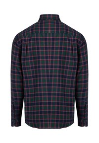Lange mouw shirt in donkergroene flanel met een geruit patroon bestaande uit marineblauwe en rode lijnen. Knopmanchetten en een klassieke kraag.