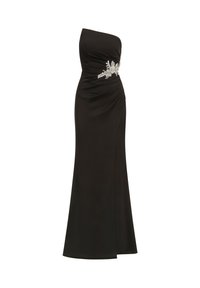 Robe de soirée noire à une épaule avec une silhouette ajustée, ornée d'une embellissement floral en cristal argenté à la taille.