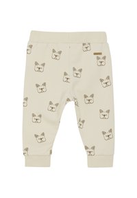 Bomullbyxor i ljus beige färg med mönster av bruna franska bulldogs, med ribbade muddled och midjeband för en åtsittande passform.