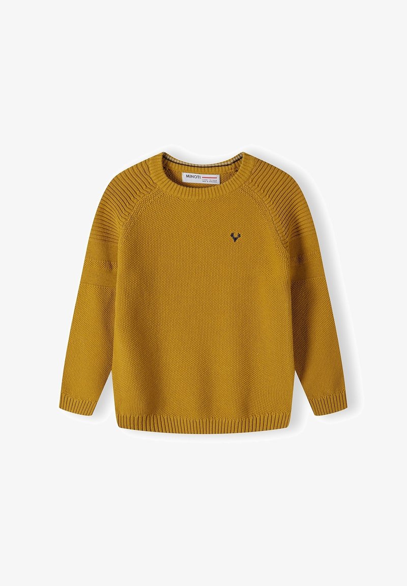 Pull en maille jaune moutarde avec col rond, poignets, ourlet côtelés et petit logo foncé brodé sur la poitrine.