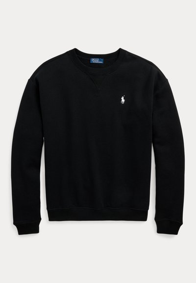 Sweatshirt de algodão preto com design em V, punhos e bainha inferior canelados. Apresenta um pequeno logótipo branco de polo no lado esquerdo do peito.