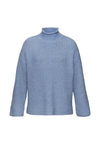 Gaiši zils adīts džemperis ar augstu apkakli, kas ir vaļīgs, ar ribotu tekstūru un kritušiem pleciem, garām piedurknēm un cilindrisku kaklu.