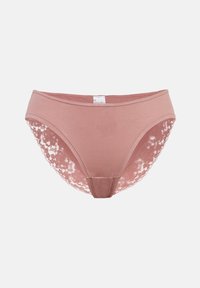 Απαλά ροζ εσώρουχα με λείο μπροστινό μέρος, δαντέλα στο πίσω μέρος με λουλουδένια σχέδια και μεσαίο κόψιμο για άνετη εφαρμογή.