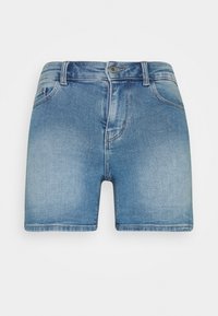 Džínové kraťasy ve vybledlé modré barvě, s klasickým pětipocket designem, předním zapínáním na knoflík a prošívaným lemem. Hladká textura, délka do půlky stehna.