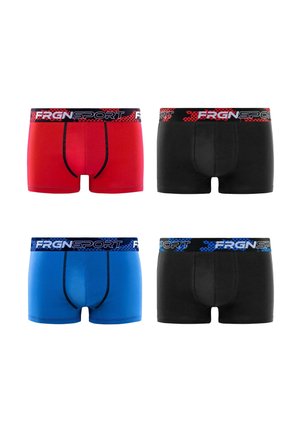 Quatre paires de boxers pour hommes en rouge, noir, bleu et noir, chacune avec une ceinture élastique de marque portant l'inscription "FRGN SPORT".