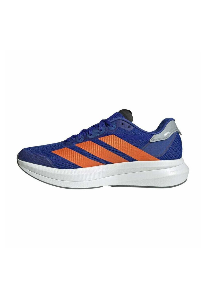 Blue athletic shoe with orange stripes, mesh upper, rounded toe, and white midsole. Features a black heel tab and side accents.