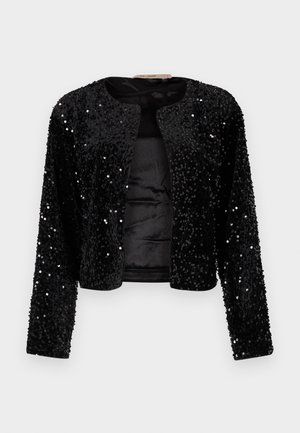 Veste en sequins noirs avec des manches longues, un col rond et une ouverture à l'avant ; elle présente des sequins brillants uniformément répartis sur une texture de tissu douce.