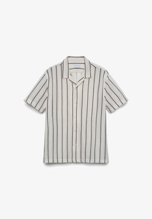 Kurzarm-Hemd mit schwarzen vertikalen Streifen auf einem elfenbeinfarbenen, strukturierten Stoff und einem legeren Kragen.