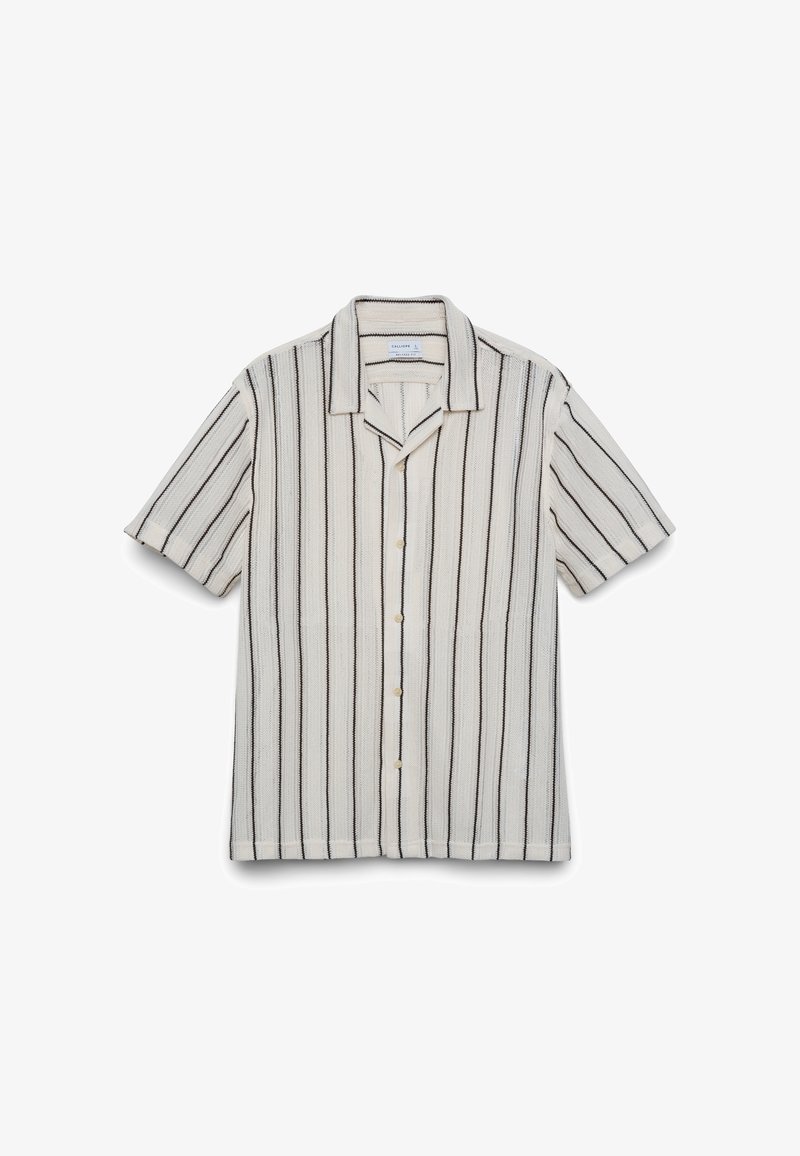Kurzarm-Hemd mit schwarzen vertikalen Streifen auf einem elfenbeinfarbenen, strukturierten Stoff und einem legeren Kragen.