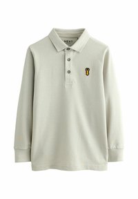 Hellgraues Langarm-Polohemd mit drei Knöpfen und einem kleinen gelben Hummer-Logo auf der linken Brust.