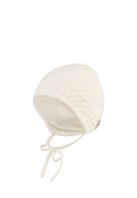 White knit hat with a textured pattern, soft lining, and adjustable tie straps. Features a rounded shape and a snug fit.