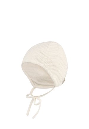 White knit hat with a textured pattern, soft lining, and adjustable tie straps. Features a rounded shape and a snug fit.