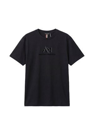 T-shirt nera a maniche corte con scollo rotondo, con logo nero lucido "AM" e scritta "ANTONY MORATO" sul petto.