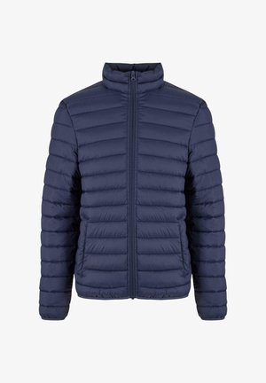 Giacca imbottita blu navy con colletto rialzato, dotata di chiusura con zip e motivo quilted orizzontale per isolamento e comfort.