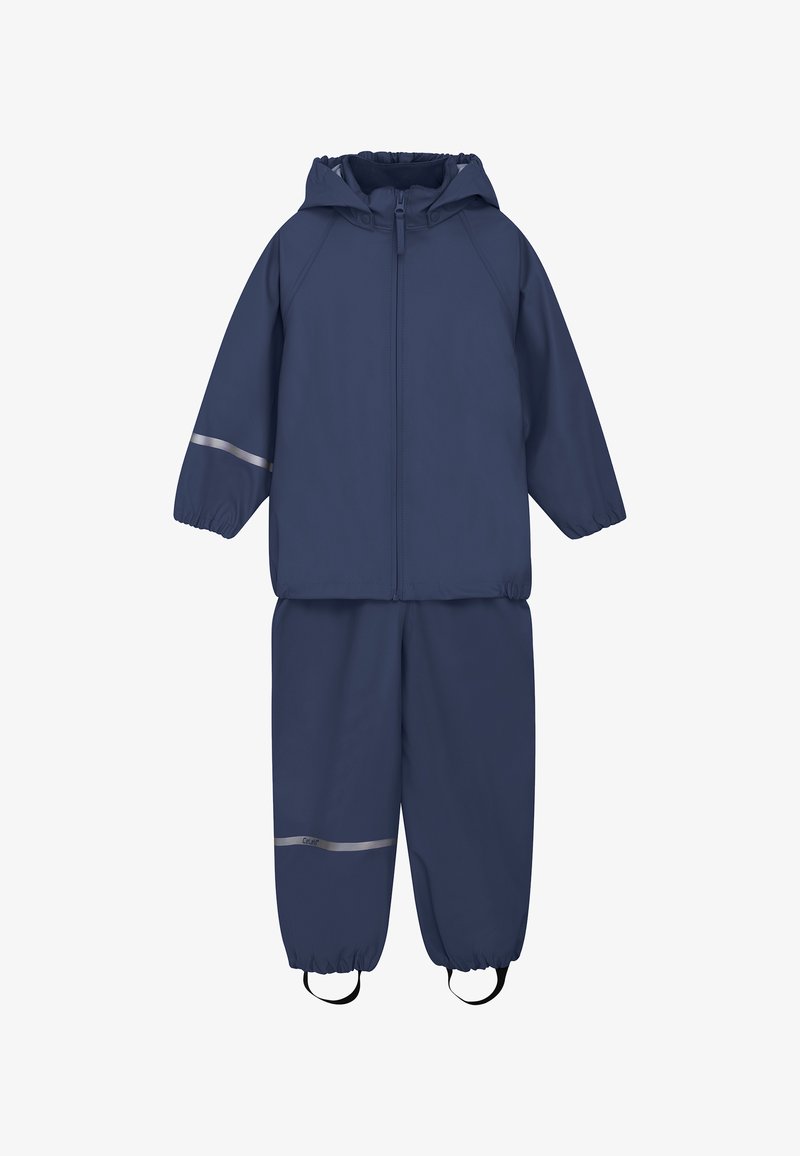 Marine wasserdichtes Jacken- und Hosen-Set mit elastischen Bündchen und reflektierenden Streifen, ausgestattet mit einer Kapuze und verstellbaren Riemen an der Hose.