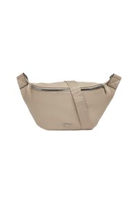 Beige nep-lederen schoudertas met een gebogen vorm, ritssluiting, verstelbare schouderriem en merklogo aan de voorkant.