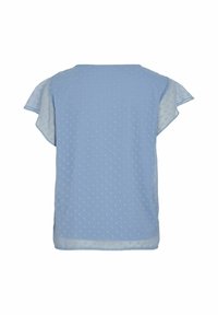 Camicetta blu chiaro con texture a pois, maniche corte a sbuffo e scollatura arrotondata. Tessuto morbido e leggero con una vestibilità rilassata.