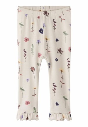 Collants pour bébé couleur crème avec taille élastique, ornés d'un délicat imprimé floral multicolore et d'ourlets à volants aux chevilles.