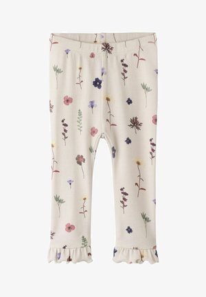 Cream-colored baby leggings with elastic waist, featuring a delicate multicolored floral print and ruffled hems at the ankles.