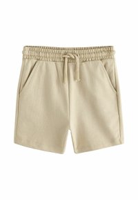 Shorts décontractés beiges avec ceinture élastique et cordon de serrage, dotés de poches latérales et d'un ourlet droit, présentés sur fond blanc.