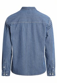 Blue striped denim shirt with long sleeves, button cuffs, and a classic collar. The texture is smooth with a light faded finish.