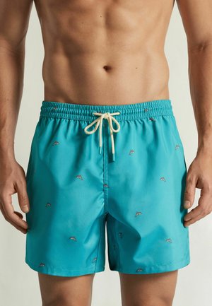 Mann trägt türkisfarbene Badeshorts mit kleinen Delfinmotiven und einem weißen Kordelzug, dargestellt von der Taille bis zur Mitte des Oberschenkels.
