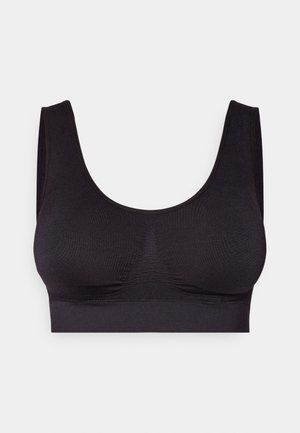 Czarny stanik wykonany z gładkiego materiału, posiadający szerokie ramiączka i dekolt w serek. Prosty, bezszwowy design w jednolitym kolorze i bez widocznych elementów metalowych.