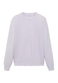 Sweat-shirt lavande clair à manches longues, texture côtelée, col rond, poignets et ourlet élastiques, coupe décontractée. Pas de décorations ou motifs visibles.