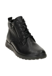 Bottes noires en cuir jusqu'à la cheville avec une finition texturée, équipées de lacets et d'une fermeture éclair sur le côté, et d'une semelle en caoutchouc avec des motifs de grip.