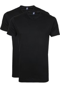 Zwarte V-hals T-shirts van katoen, met korte mouwen, eenvoudig ontwerp, tweedelig, gladde textuur, zonder zichtbare patronen of accenten.