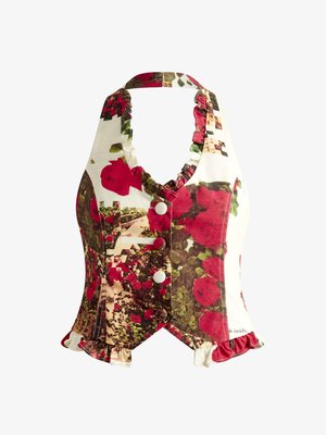 Top floral estilo halter con un patrón de rosas sobre un fondo crema, con botones blancos, bordes con volantes y un diseño ajustado.