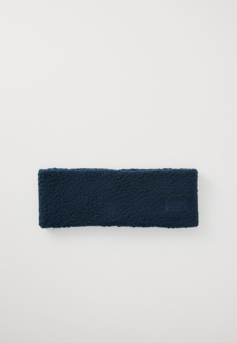 Bandeau en polaire bleu marine, de forme rectangulaire, texture douce, avec un logo embossé subtil d'un côté. Conçu pour la chaleur et le confort.