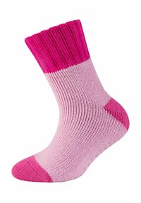 Calzino rosa e rosa chiaro lavorato a maglia con bordo a coste, motivo di colore uniforme, punta e tallone rinforzati, con una texture liscia su tutta la superficie.
