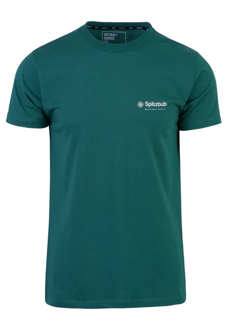 Grünes Baumwoll-T-Shirt mit Rundhalsausschnitt, kurzen Ärmeln und einem kleinen weißen Logo auf der linken Brust. Glatte Textur, reguläre Passform.