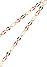 Collana in oro con anelli allungati decorata con smalti rosso, bianco e blu navy su segmenti alternati.