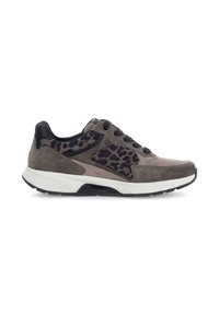 Athletic sneaker in gray suede with black leather accents. Features leopard print on sides, lace-up closure, and white sole with textured tread.