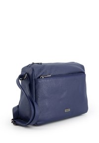 Marineblå læder crossbody taske med struktureret overflade, der har en frontlomme med lynlås og en justerbar skulderrem. Størrelse: medium.
